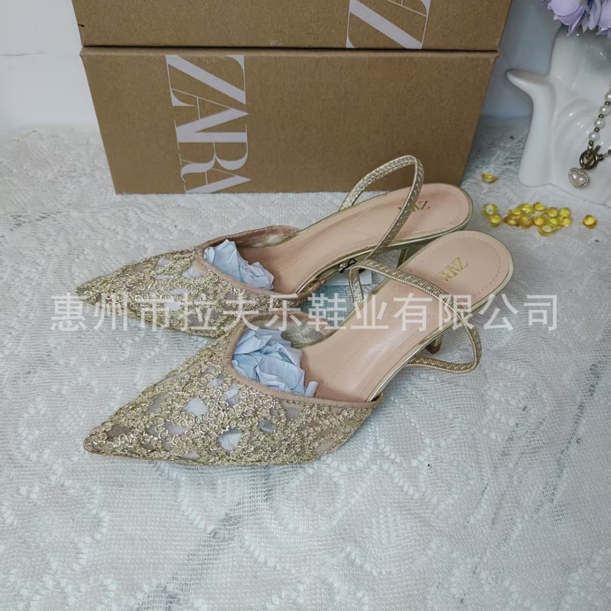 ZA2026 Spring New Pointed Toe Elastic Strap Sandals High Heel Black Embroidered Open Back Mule European American Style