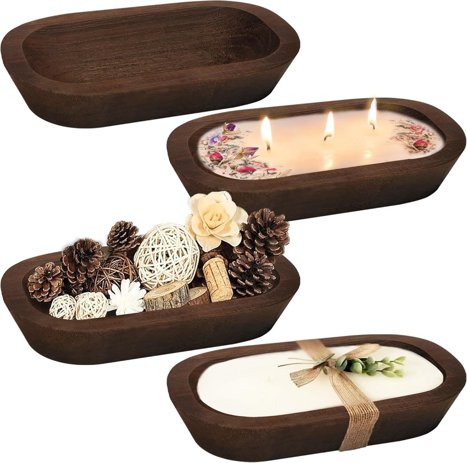 Wooden Candle Bowl Candle Holder Tray Aromatherapy Candle Base Solid Wood Vintage Rustic Style Oval Wood Bowl