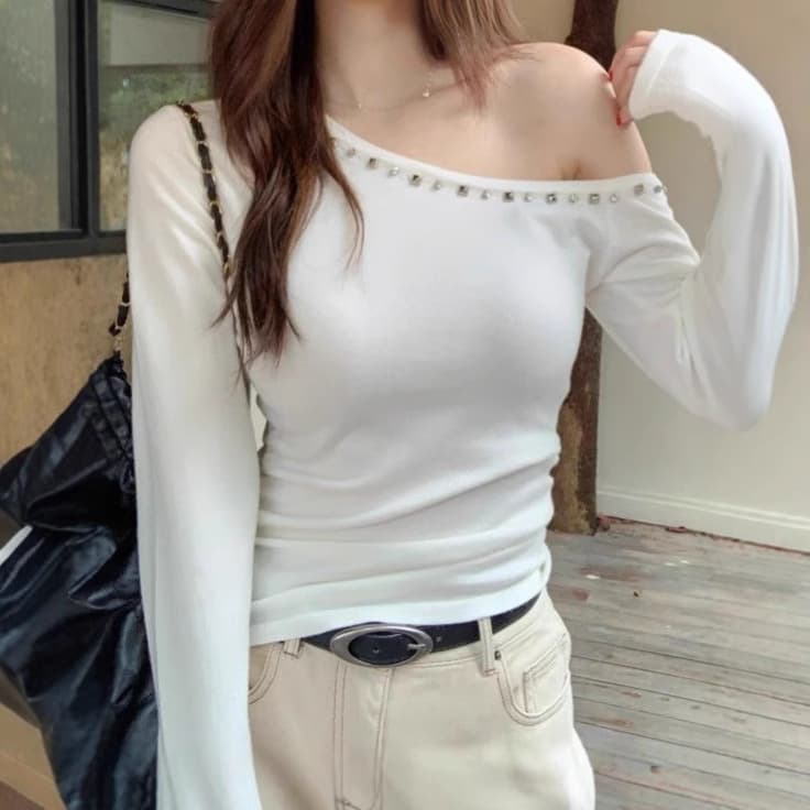 2024 Hot American Style Studded One-Shoulder Long-Sleeve T-Shirt for Women, Autumn Waist-Cinching Ruched Off-Shoulder Elegant Top