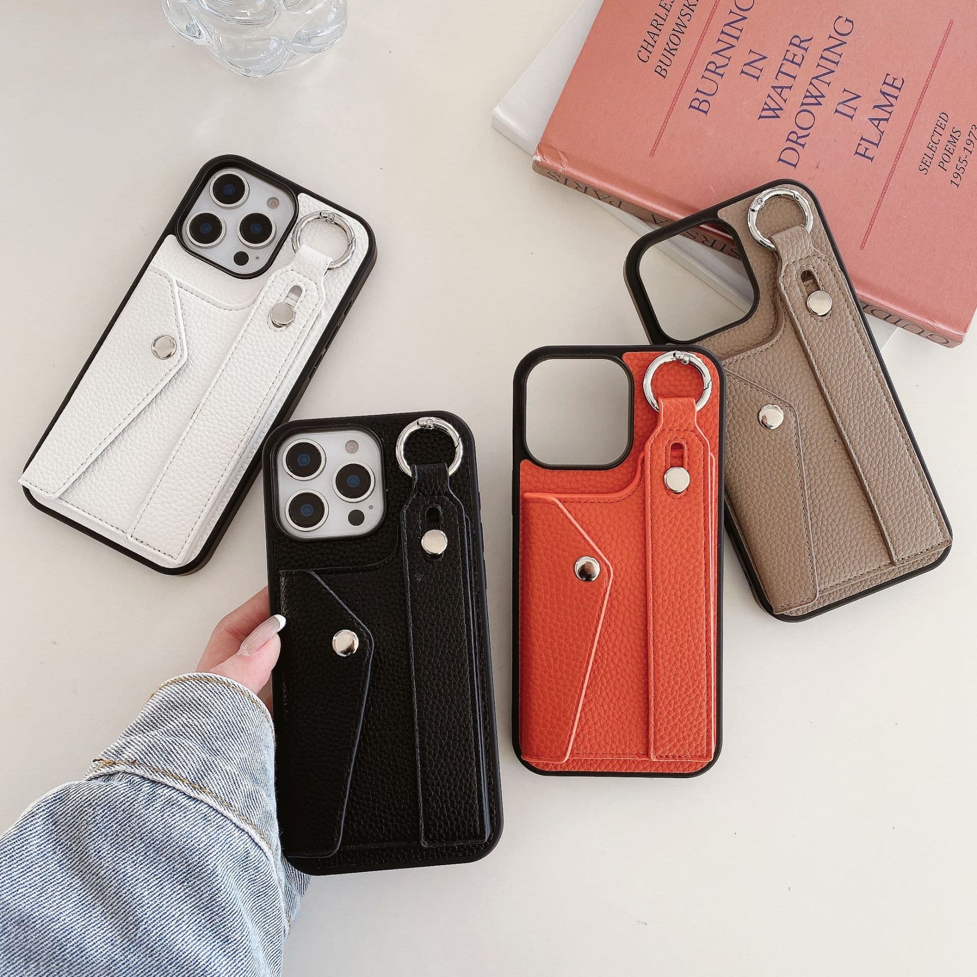 New Lychee Pattern Genuine Leather Feel Apple 17P Card Slot Wristband Phone Case for iPhone13 Export Style