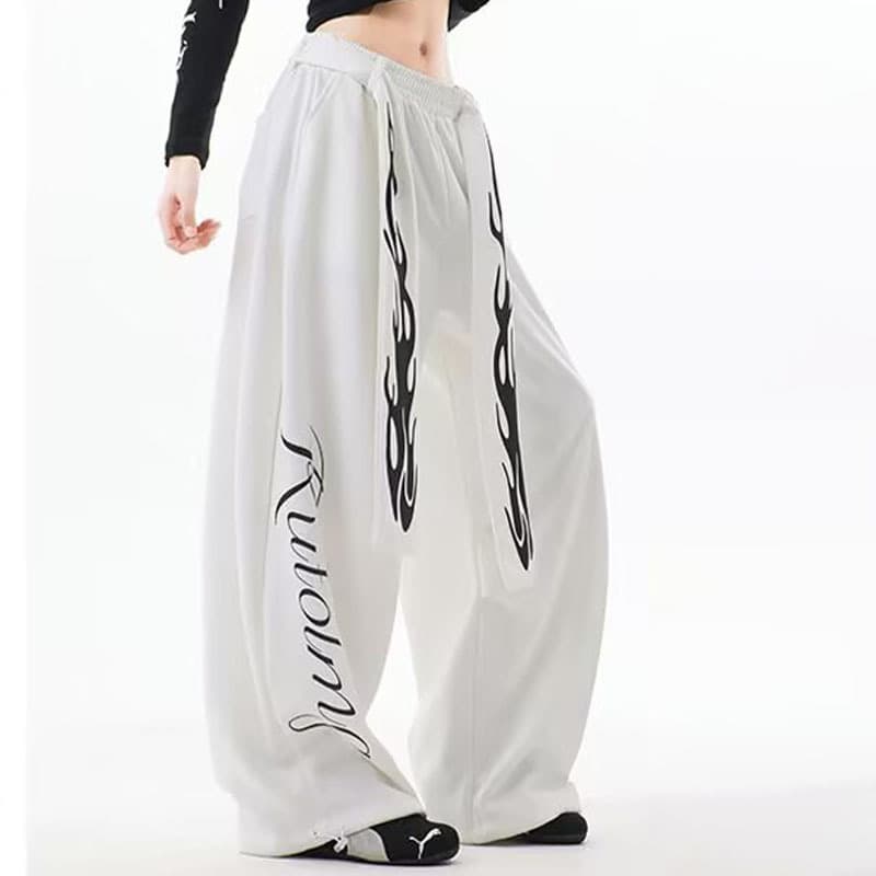 American Street Flame Letter Print Tie-Dye Hot Girl Curve Pants Women Street Dance Loose Long Pants Wide-Leg Casual Sweatpants