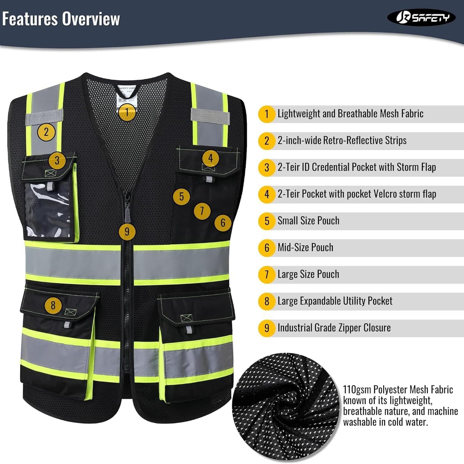 Functional Reflective Vest Traffic Breathable Vest Construction Duty Security Patrol Reflective Clothing Multi-Pocket Safety Vest