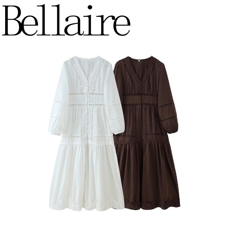 ZA cross-border AliExpress ins European and American foreign trade women's clothing design hollow V-neck lace long-sleeved loose dress