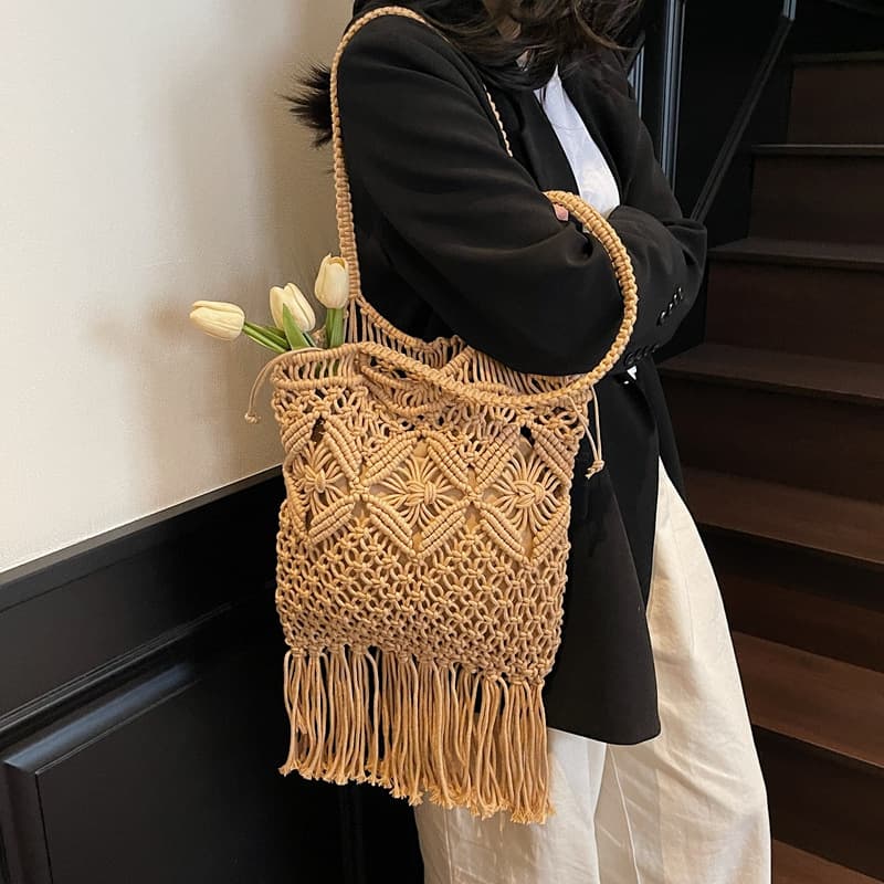 2026 Spring New Style Single-Shoulder Underarm Bag, Straw Woven Bag, Hollow-Out Beach Bag, Handmade Cotton Thread Woven Bag