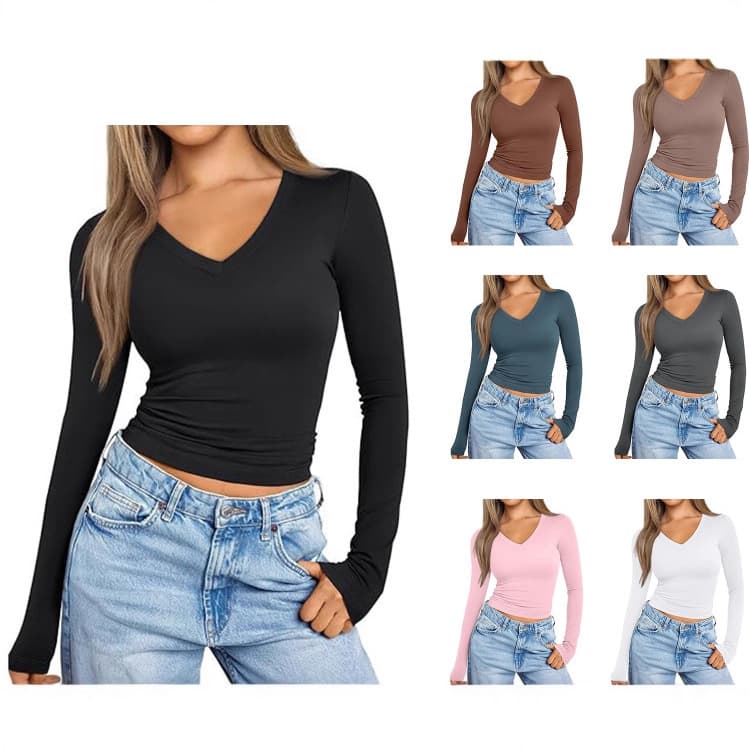 2025 European and American Women's V-Neck T-Shirt Slimming Long Sleeve Top Inner Layering Fitted Milk Silk Base Layer