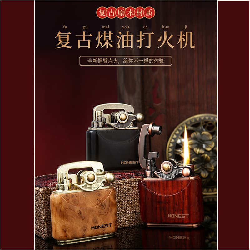Baicheng Flame Red Sandalwood Carved Kerosene Lighter Men's Retro Copper Old Nine Gates Nostalgic Creative Lighter Gift