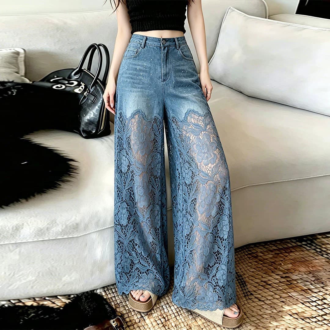 Blue Hollow Lace Patchwork Denim Wide-Leg Pants Women 2026 Summer New High-End Relaxed Loose Fit Long Pants
