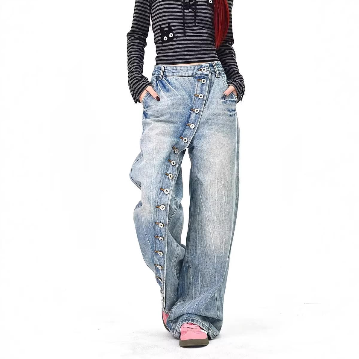 American Vintage Washed Diagonal Button Straight-Leg Jeans for Women, Designer Loose Casual Versatile Wide-Leg Pants Trendy