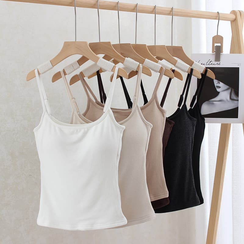 Sooner or Later Same Style Top Autumn/Winter French Brushed Fabric Built-in Removable Padded Solid Color Tank Top Strap Adjustable
