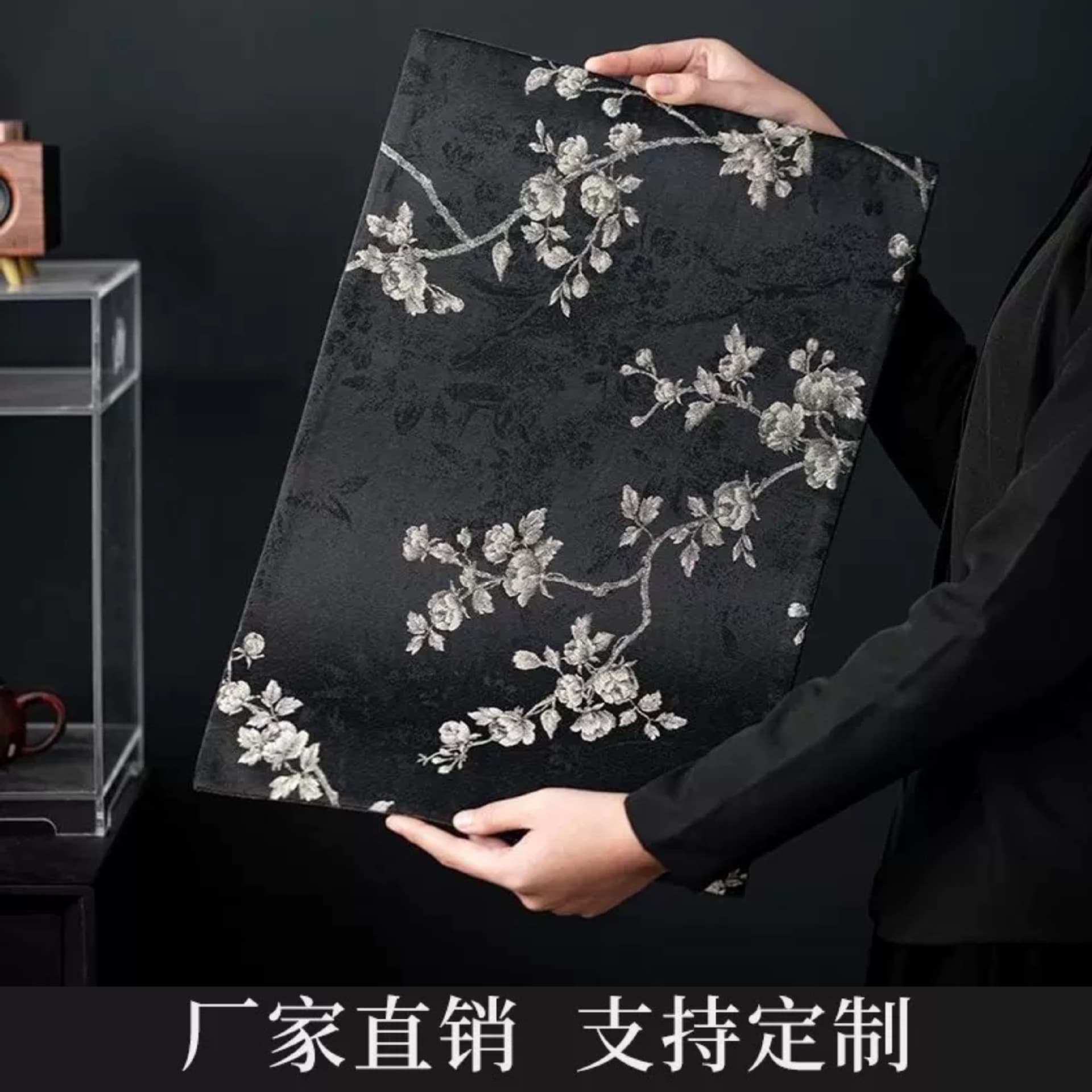 Brocade satin embroidered white peony tea mat, Chinese retro tea table pad, tablecloth heat-insulating mat, dry tea ceremony flag