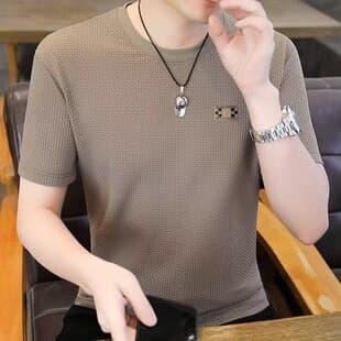 Ice Silk Short Sleeve T-Shirt Men Summer Thin Mesh Breathable Sports Cool Quick-Dry Bamboo Texture Half Sleeve Top T