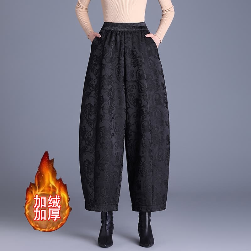 Plus-size sister high-waist pants, floral bloom pants, heavyweight jacquard bread pants, cropped versatile wide-leg casual trousers.