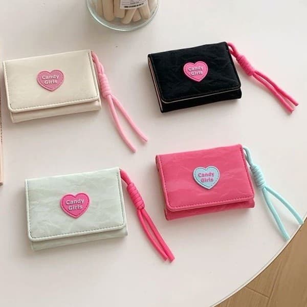 Lanyard Wallet ~ Korean INS Heart Candy Wallet Women's Simple Short Wallet Wholesale Tri-fold Student