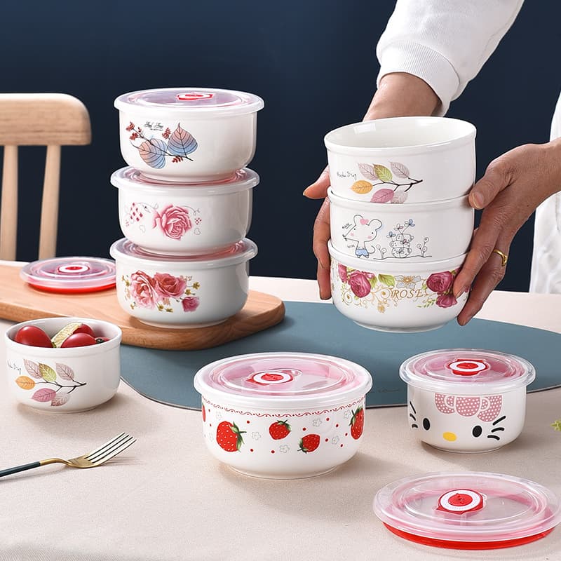Round Ceramic Food Storage Bowl Set with Lids, Microwave Safe Sealed Bowl, Opening Gift, Noodle Bowl, Microwave Bowl