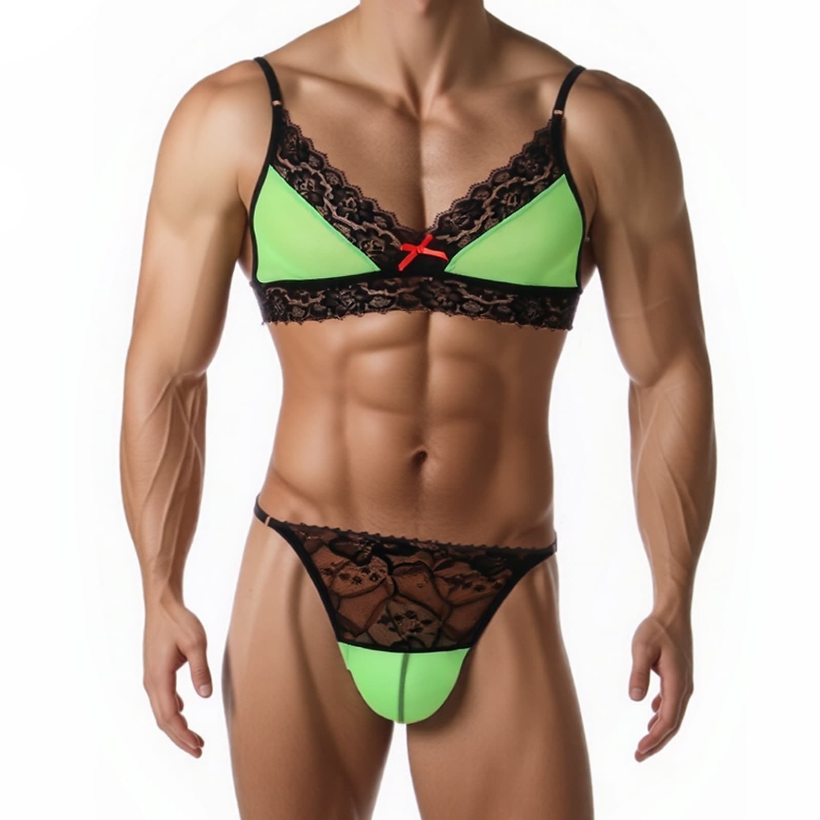 Men's Fine Mesh Bra Thong Set Bikini Sexy Lace Underwear Adjustable Multicolor