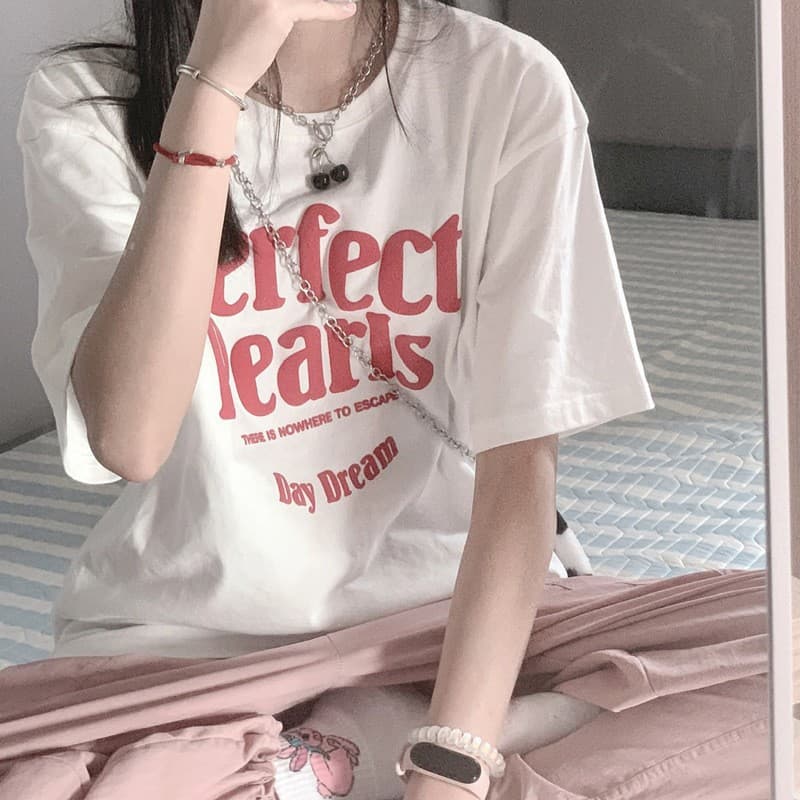 Women's Cotton Short Sleeve T-Shirt, Loose Fit, Korean Style, Original Trend, New Letter Print, Student Full Cotton Tee, Ins Fashion