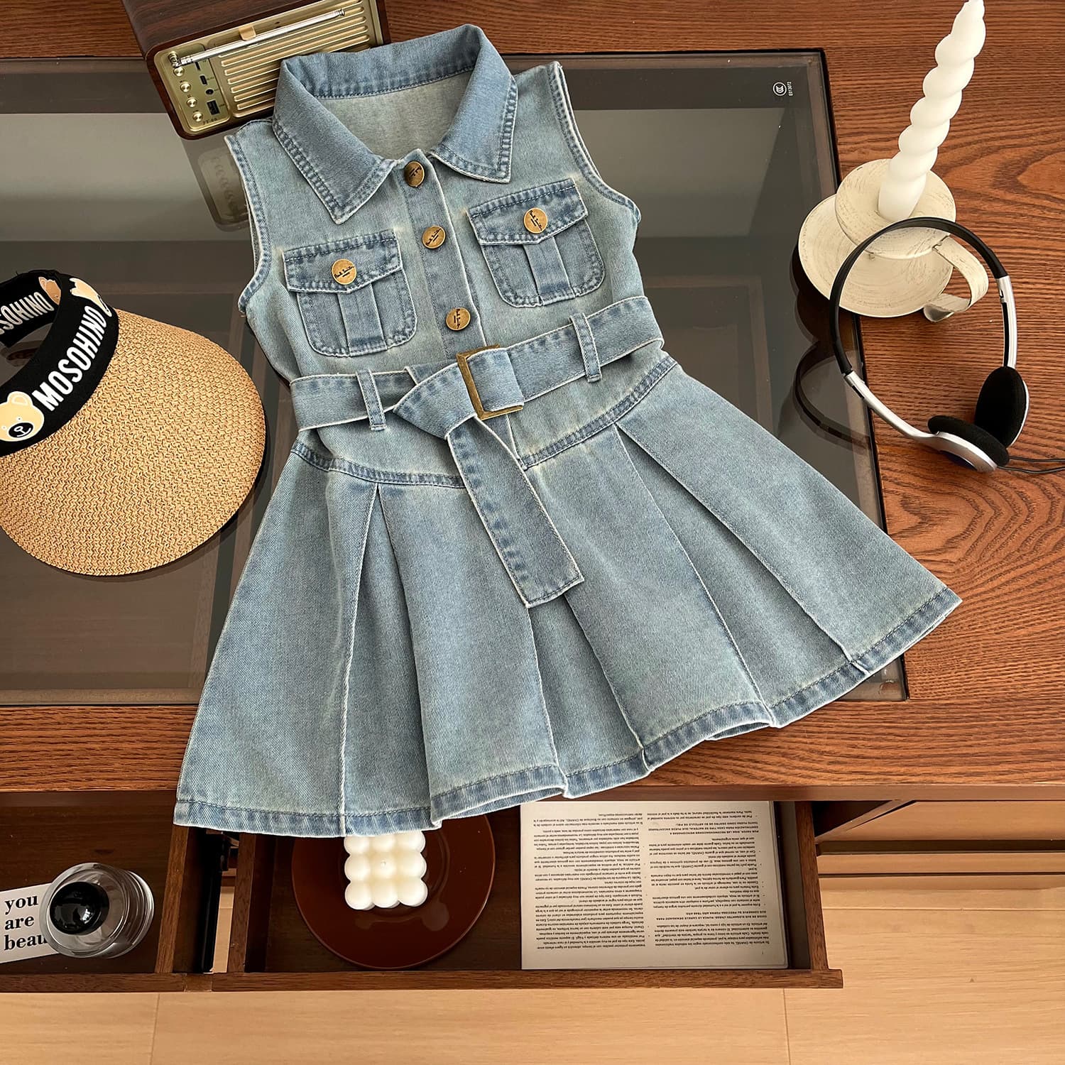 Girls Denim Dress 2024 Summer New Korean Style Children's Collarless Sleeveless Waist-Cinching Denim Dress