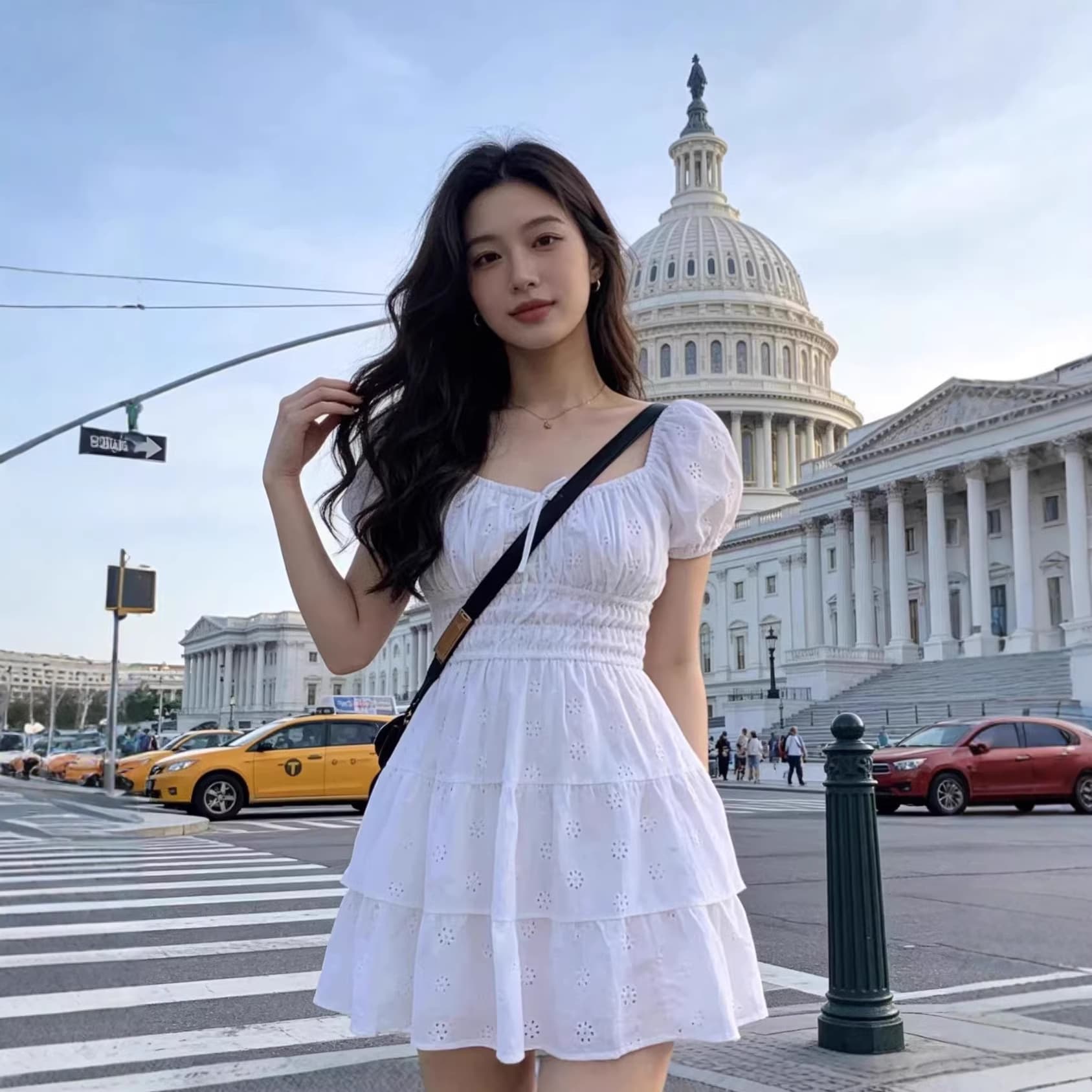 Summer new style French petite square neck puff sleeves gentle style first love princess dress sweet waist slimming