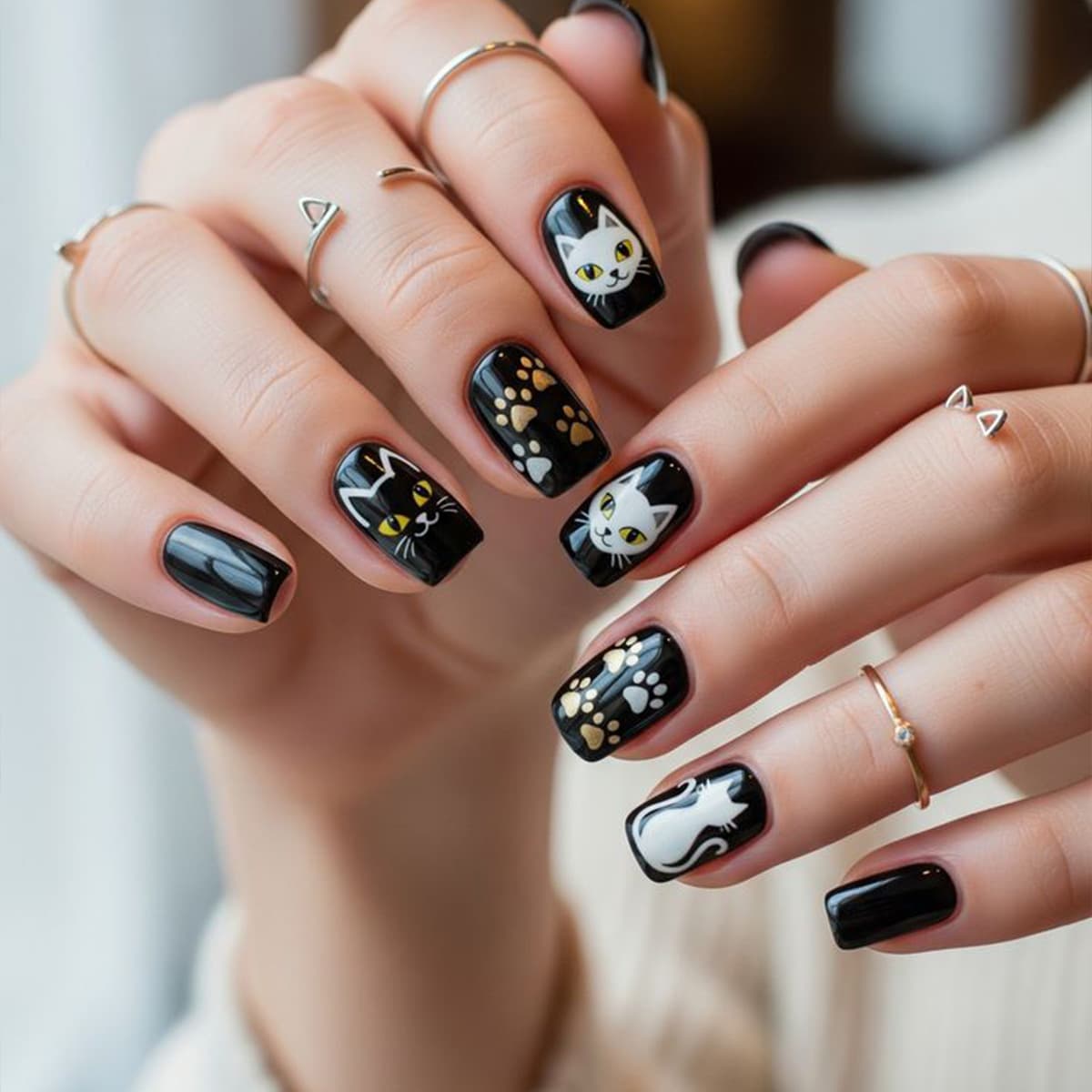 Cute Cartoon Cat False Nails Short Square Hot Selling Press On Nails Manicure Tips European and American New Style Set