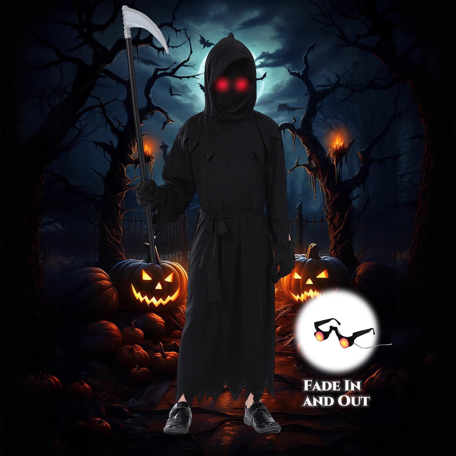 Cross-border Hot-Selling Kids Horror Grim Reaper Costume Halloween Role-Play Cosplay Outfit with Red Glowing Eyes