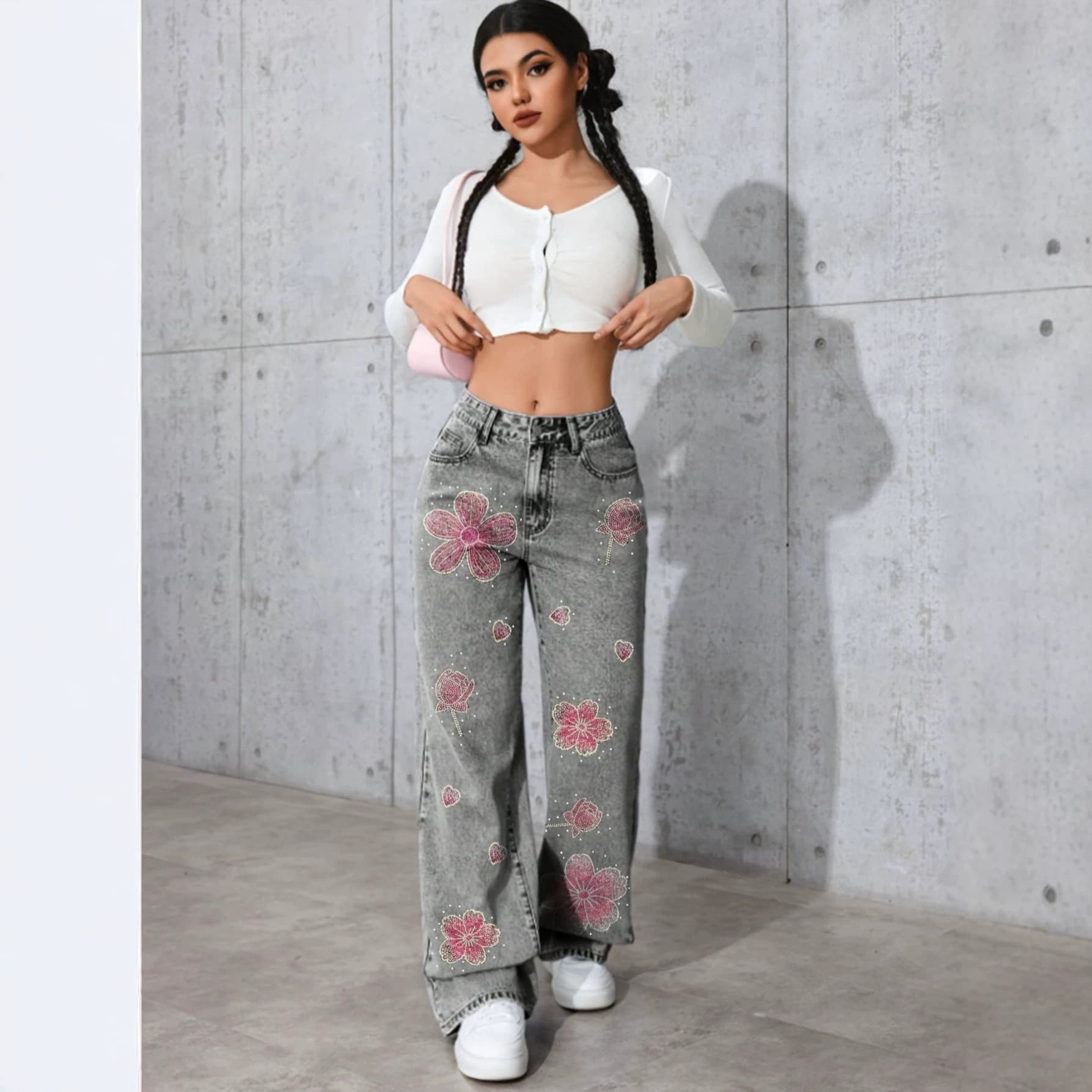 Cross-Border Bestseller Washed Gray Rhinestone Flower Straight-Leg Jeans for Women, Mid-Rise Loose Straight-Leg Floor-Length Jeans