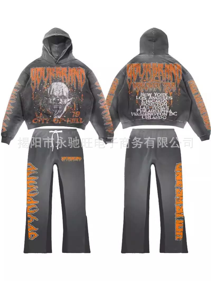 2024 Manufacturer High Quality Straight Leg Pocket Hoodie American Style Men's Printed Oversized Streetwear Cotton Hoodie and Sweatpants Set