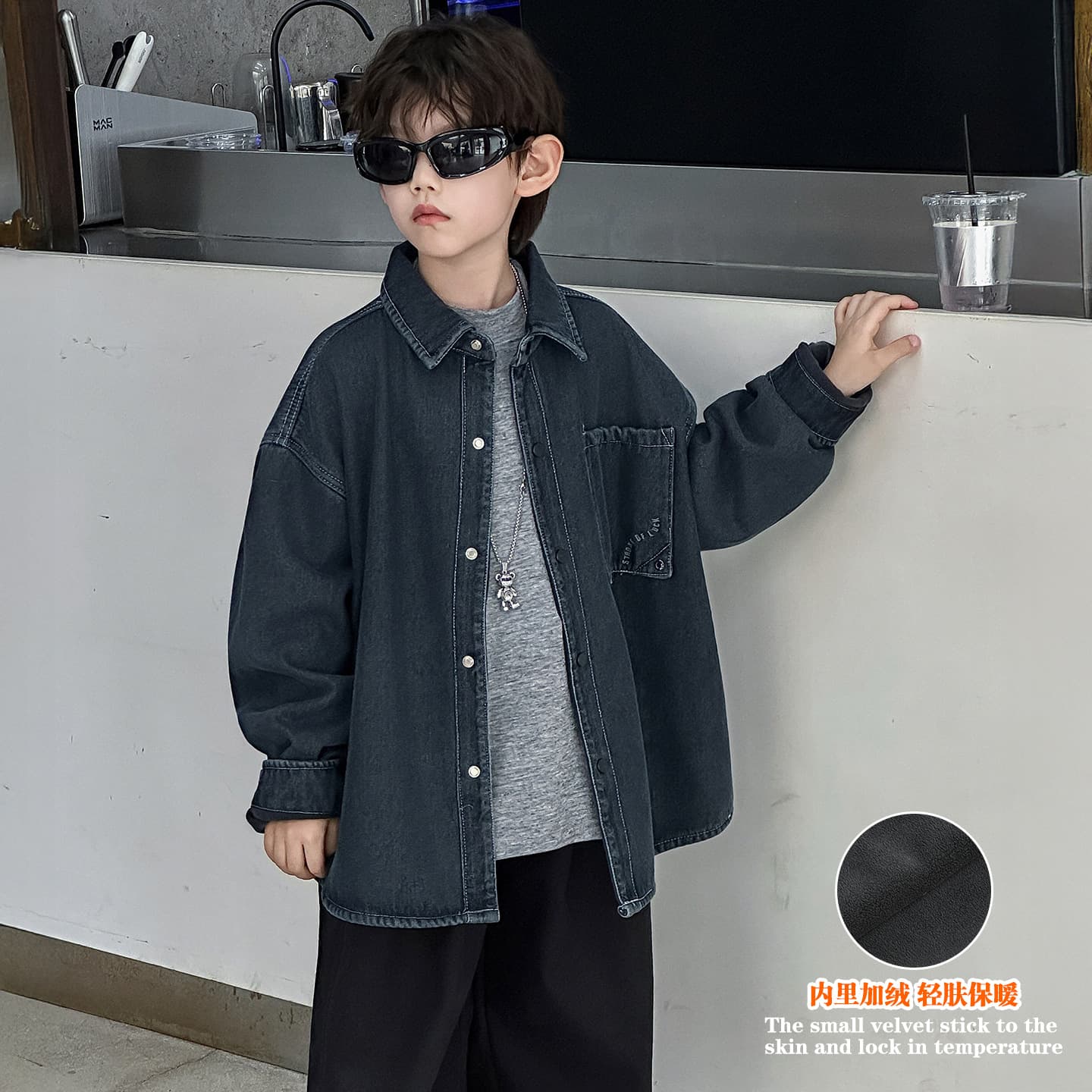 Cotton Shop Boys' Fleece-Lined Shirt, Children's Autumn and Winter Korean Style 2025 New Warm Children's Clothing Loose Denim Jacket Trendy