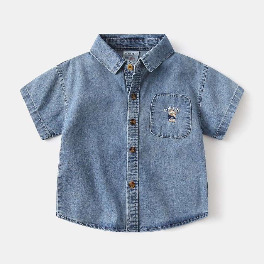 Boys Denim Shirt 2026 Summer New Collection Textured Children's Wear Stylish Kids Short Sleeve Shirt Drop Shipping