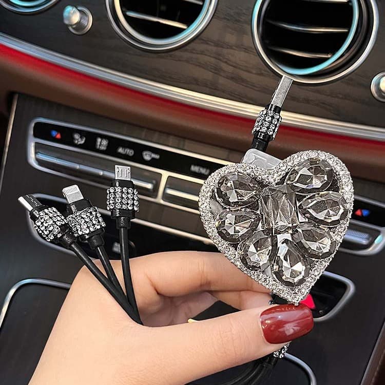 Diamond-encrusted data cable three-in-one car charging cable multifunctional retractable portable storage three-port tpyec charging