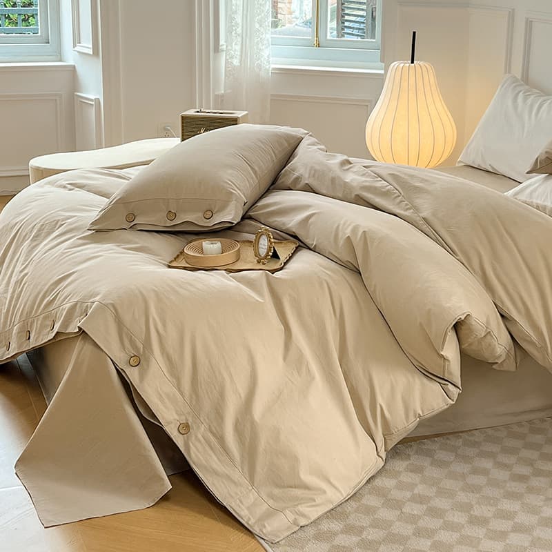 2025 Button Style Muji-Inspired Skin-Friendly Bed Sheet Fitted Sheet Four-Piece Set Japanese Washed Cotton Three-Piece Set Light Luxury INS
