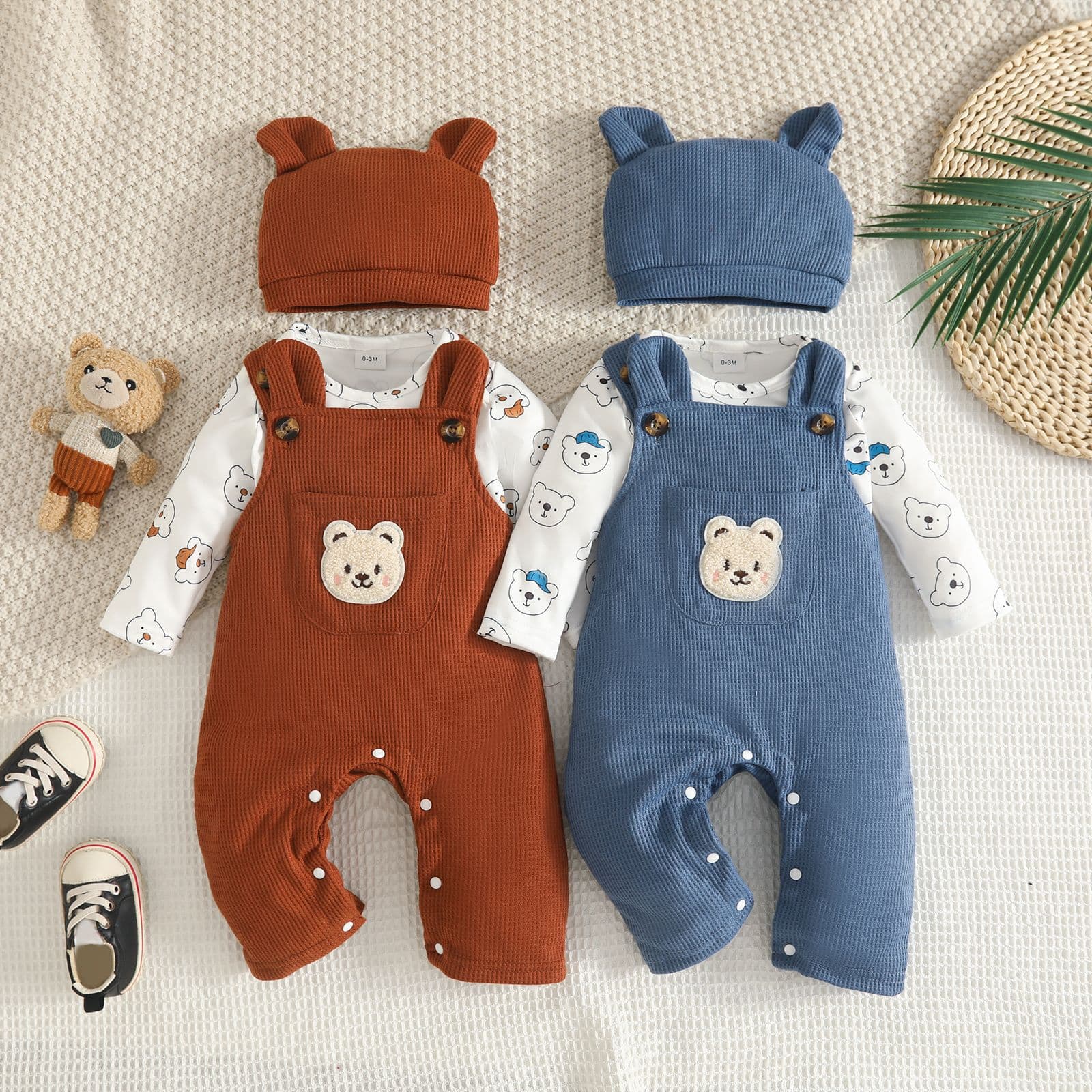 Cross-border new long-sleeved triangle harem jumpsuit overalls hat three-piece set bear print stamp cute set