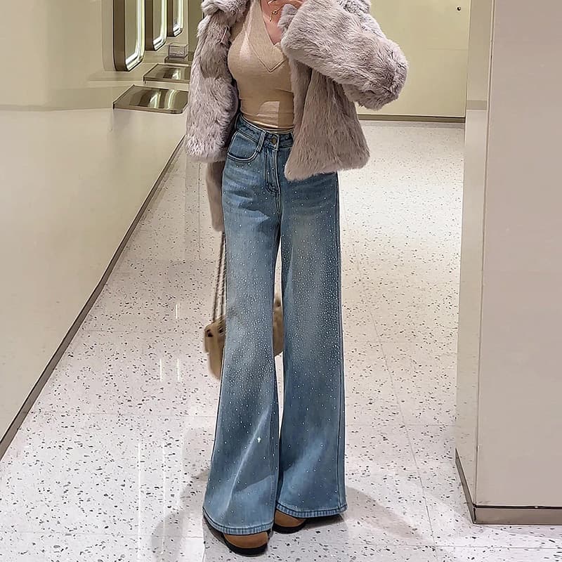 Starry Rhinestone Flared Non-Skinny Jeans for Women 2026 Spring Petite High-Waist Slimming Blue Wide-Leg Pants