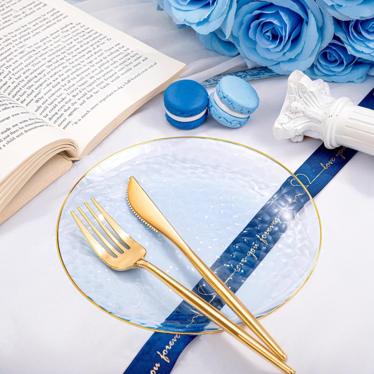 Transparent Blue Gold Rim Satin Rim Hammered Plate Cup Knife Fork Spoon Paper Disposable Plastic Set Cross-Border
