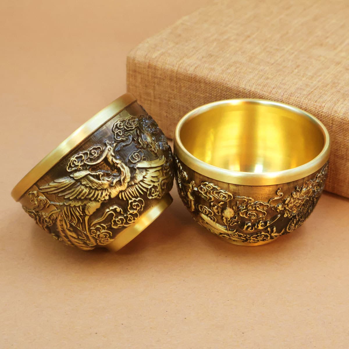 Brass Relief Dragon and Phoenix Cup, Chinese Style Hundred Blessings Dragon and Phoenix Wine Cup, High-End Creative Gift or Personal Use Offering Cup