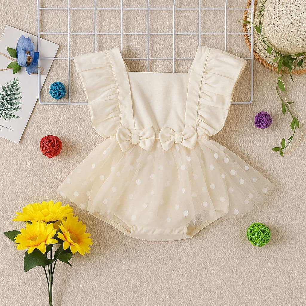 French ruffled baby jumpsuit for girls, short crawling romper, mesh polka dots, trendy clothes for taking photos for 100 days