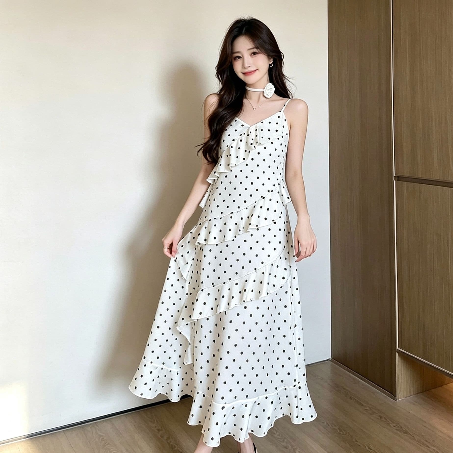 [With flowers] College style suspender dress for women summer new style waist slimming French ruffles with long sides