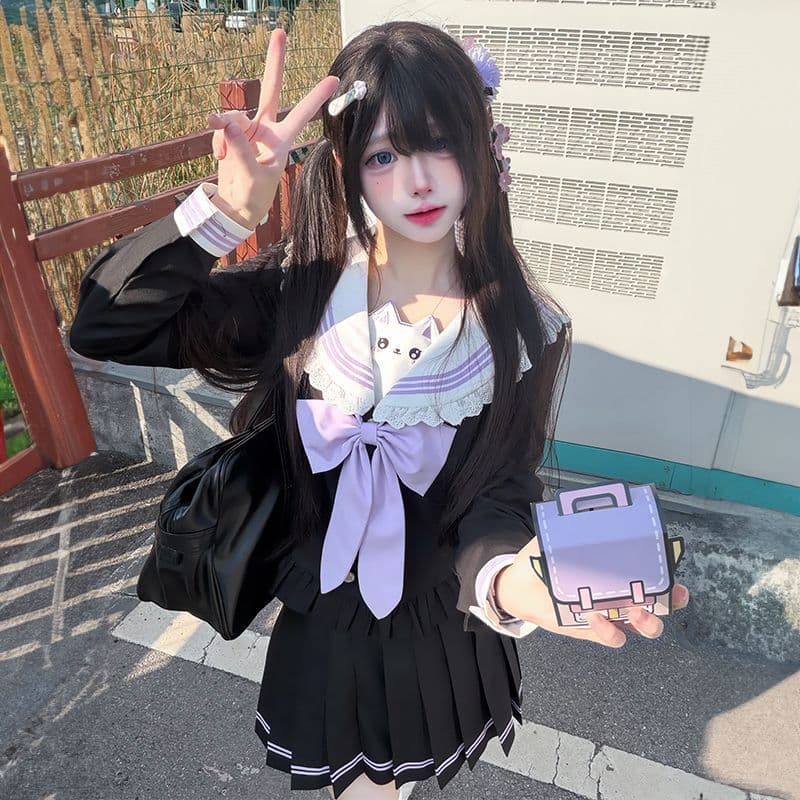 [Meow Coco] Sailor Suit Genuine Uniform School Supply Cute Long Sleeve Waist Lace
