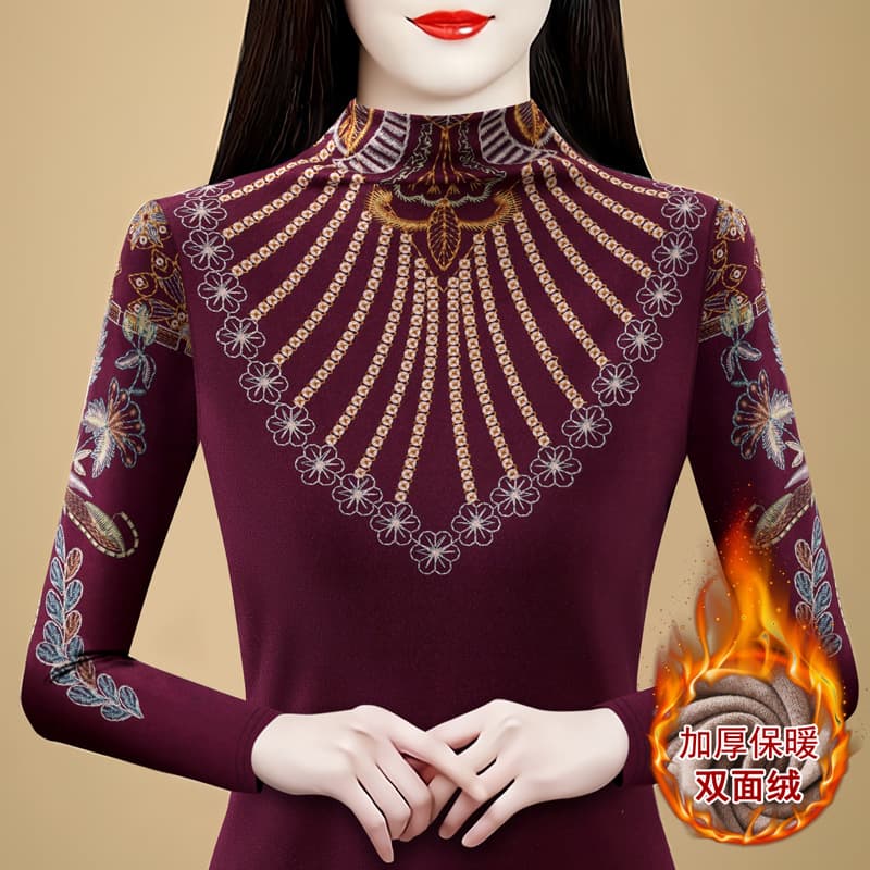 Double-sided polyester printed base layer women new autumn/winter inner/outer wear stylish versatile warm top