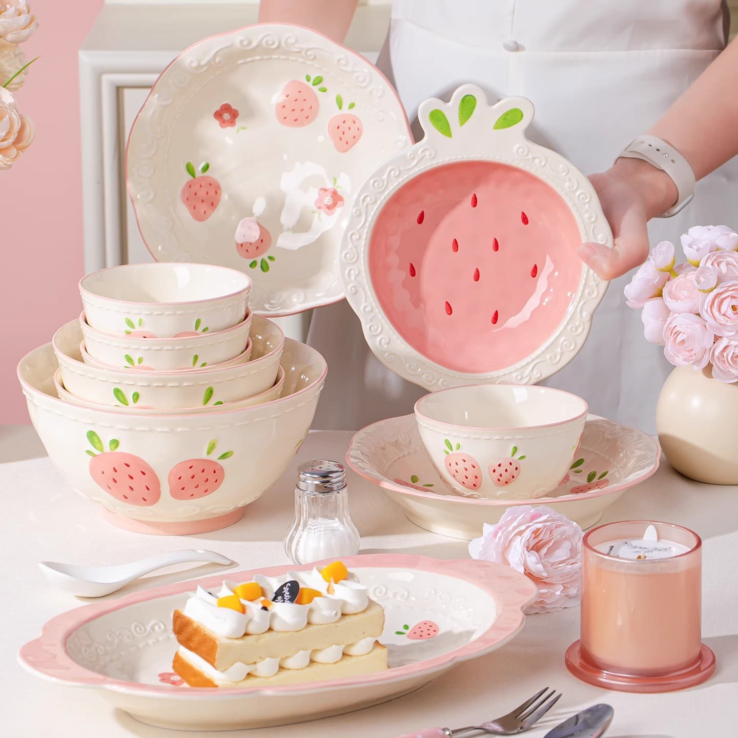 Strawberry Love Cute Rice Bowl, Household Ceramic Small Bowl for Eating, High Appearance Breakfast Bowl, Underglaze Color Tableware