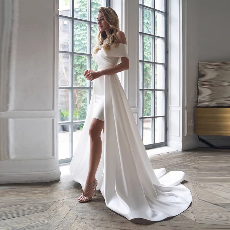 European and American Off-Shoulder Wedding Dress 2026 New White Forest Style Simple Satin Detachable Train Light Wedding Gown