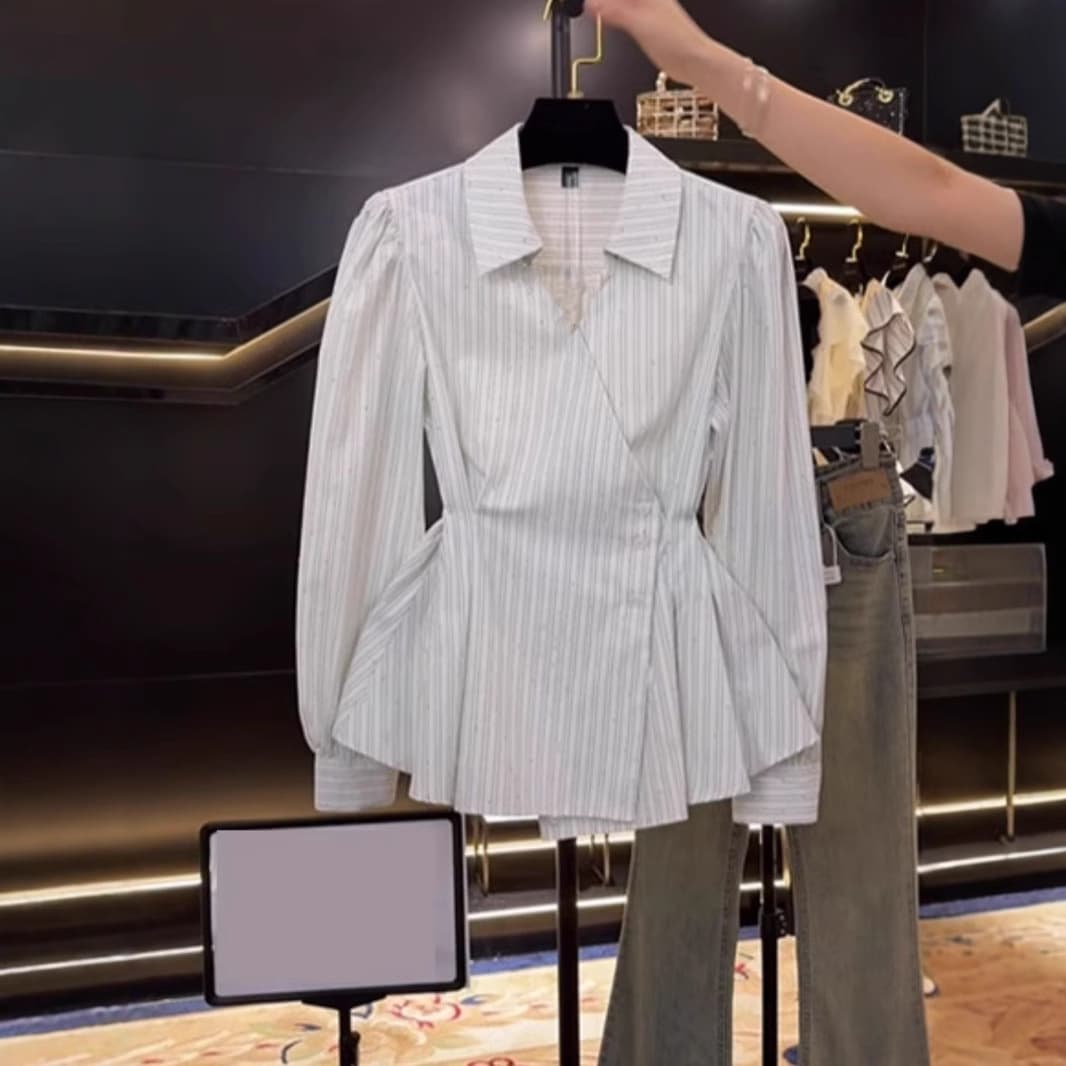 Chic Unique Waist-Cinching Slimming Shirt for Women Spring New Fashion Design Contrast Stripe Long Sleeve Top Women Trend