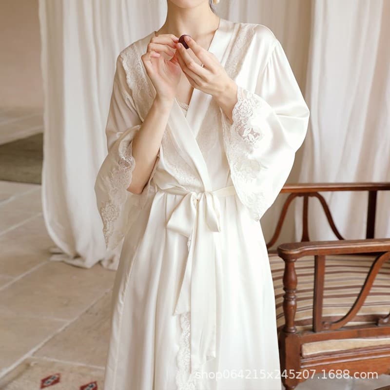 Luxurious Ice Silk Long Bride Wedding Morning Robe & Pajama Set for Women, Two-Piece Sleepwear