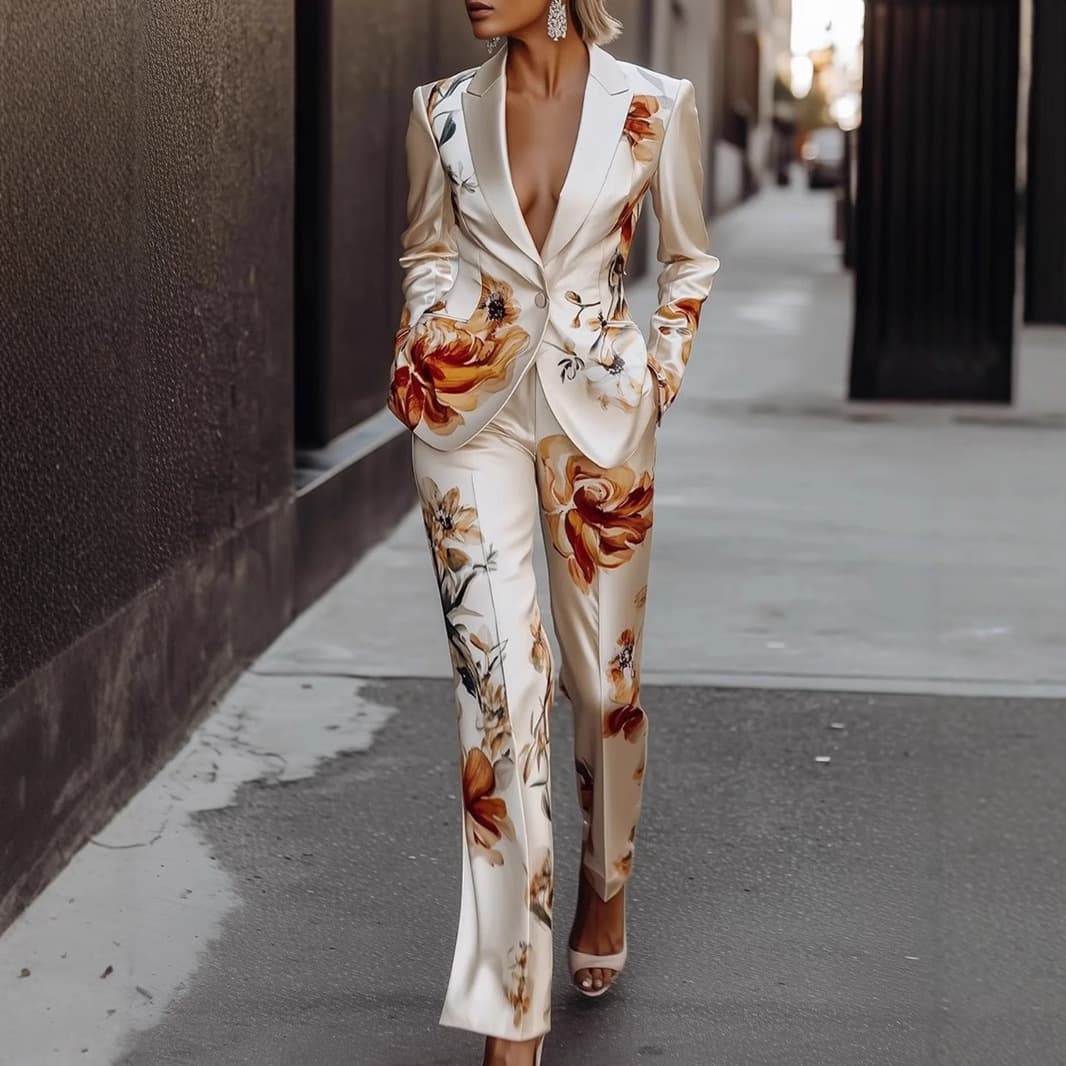 2025 European and American cross-border Amazon fashion printed satin long-sleeved suit set (two pieces)