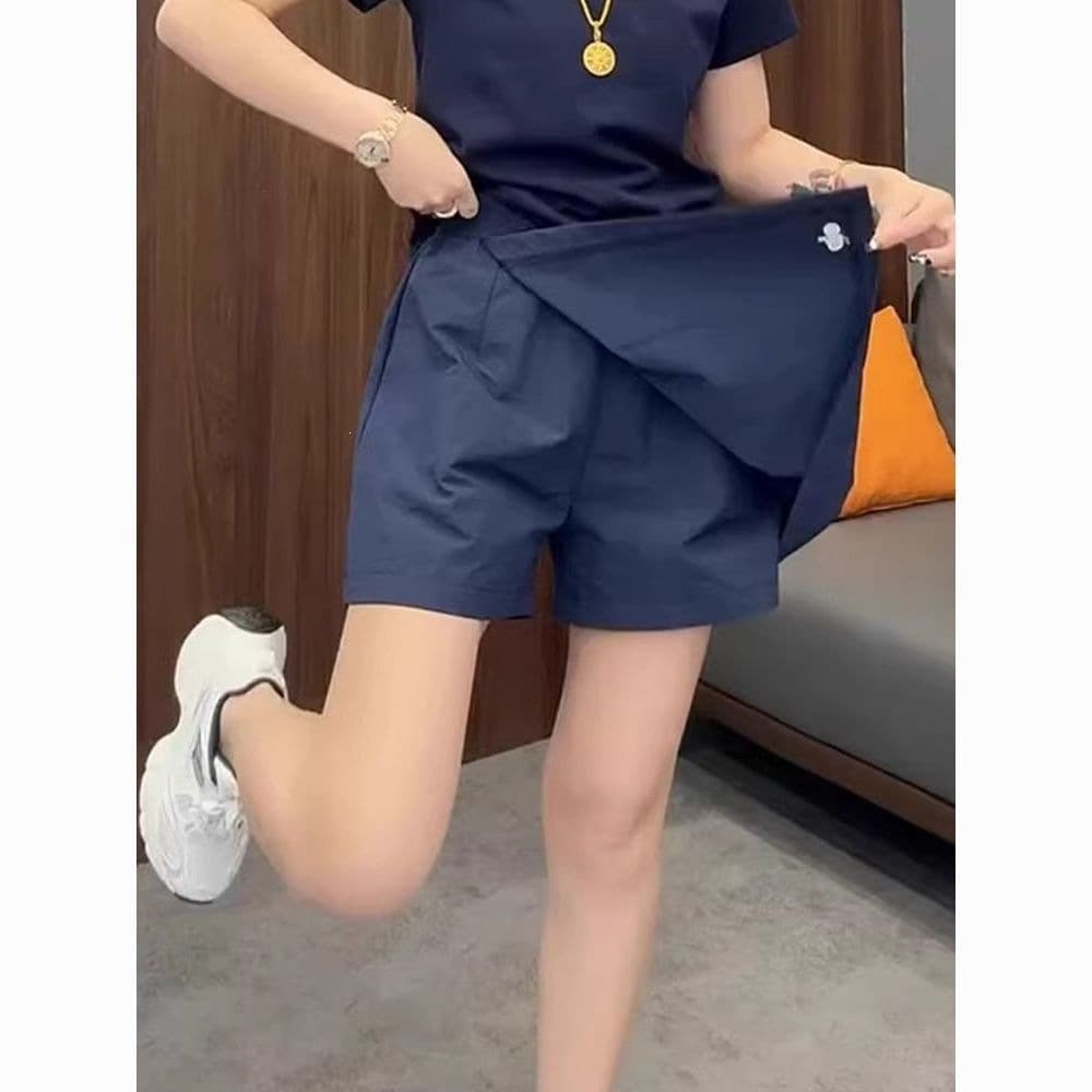 Cross-border foreign trade [with pockets] navy blue high-waist slim and tall casual skirt shorts for women plus size shorts
