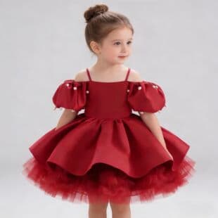 Children's Red Princess Gown Girls' Puffy Tulle Flower Girl Wedding Little Girl Birthday Host Catwalk Performance Dress