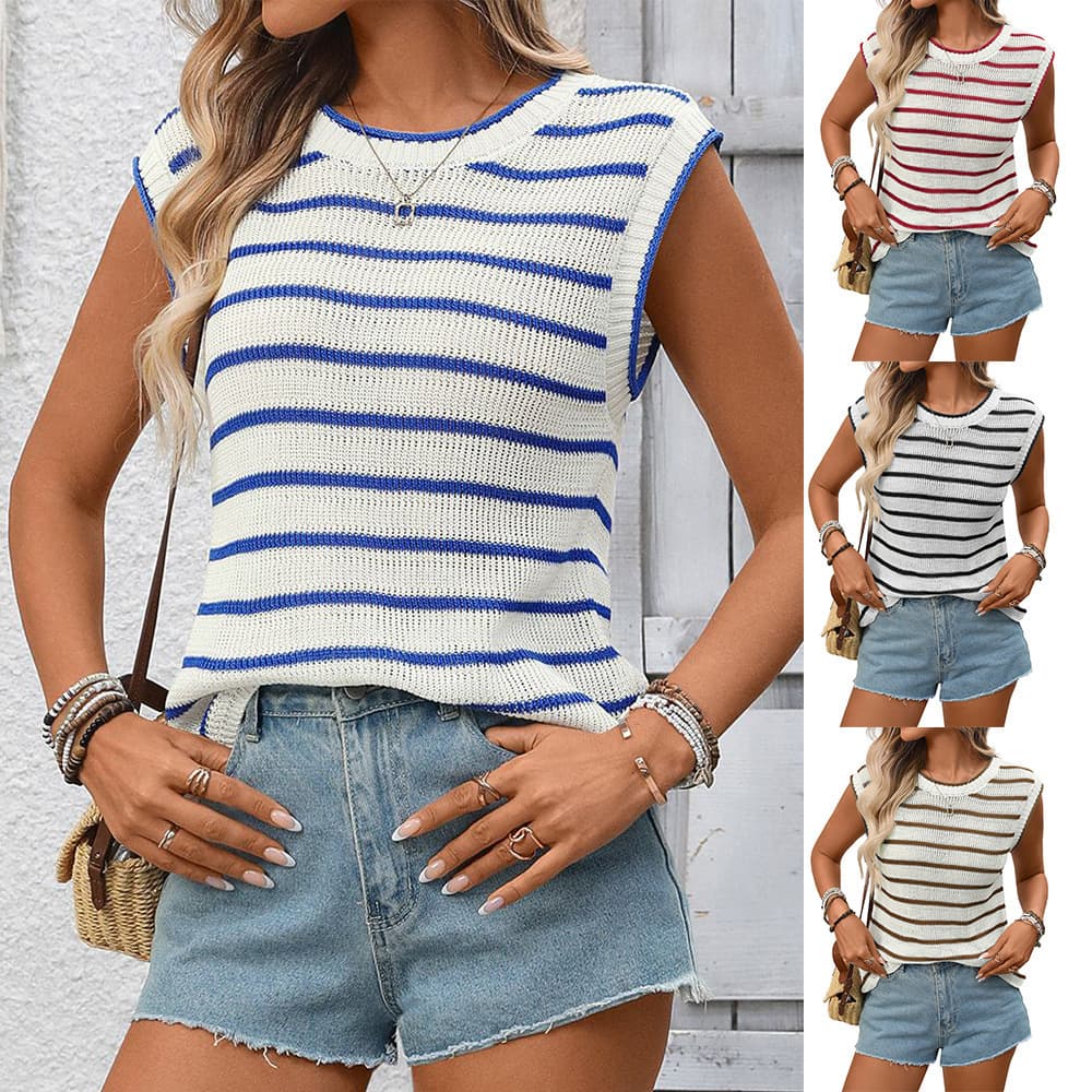 Cross-border European and American Women's Fashion 2026 Summer Amazon New Round Neck Sleeveless Vest Knitted Striped Sweater