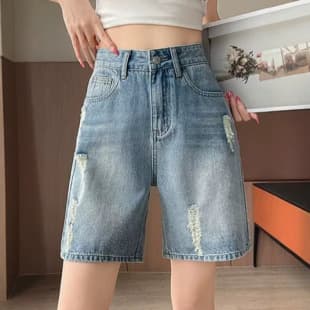 Wholesale Vintage Blue Distressed Denim Shorts Women Summer Thin New High-Waist Loose Plus Size Denim Shorts