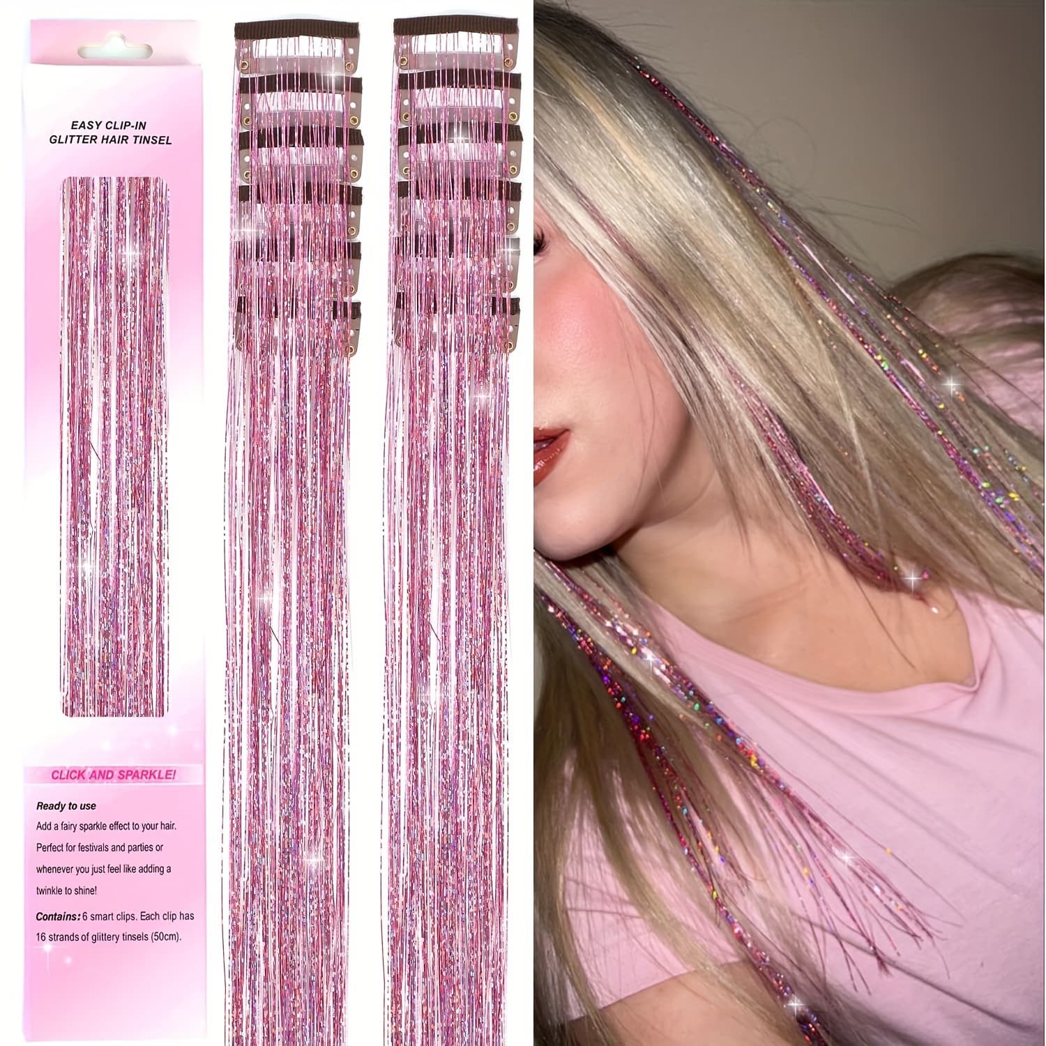 Hair BB Clip Hair Extensions 12-Pack with Glitter Ear Clip Music Festival Laser Color Concert Highlight Hair Extensions