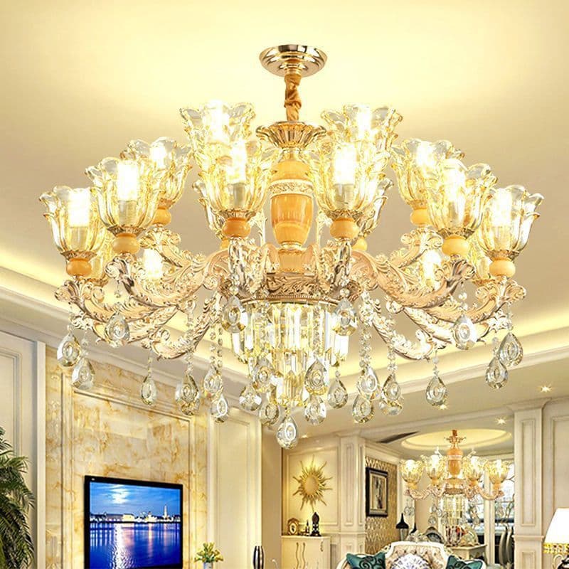 European Luxury Living Room Chandelier for Villa, Crystal Dining Room Ceiling Light with Jade Accents, 2024 New Model