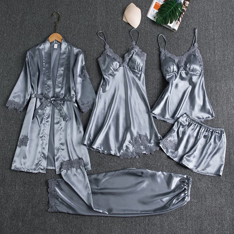 Women's Summer Ice Silk Pajamas Long-Sleeve Thin Robe Set Plus Size Sleepwear Bathrobe Wear-Out Long Style